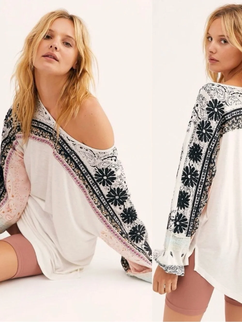 Free People Tripoli Slouchy Embroidered Boho Top Size Small